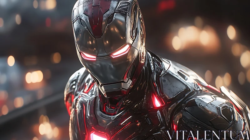 Armored cyber hero glows with red power in a neon haze