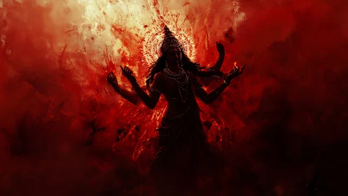 Digital painting of a multi-armed goddess in crimson aura.