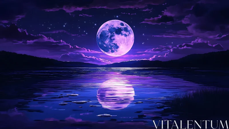 Violet moon rises over a tranquil lake in luminous twilight