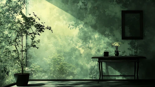 Quiet morning light in a moss-green room with tender plants.