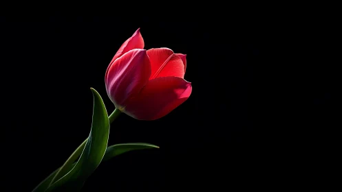 Red Tulip Against Black Background