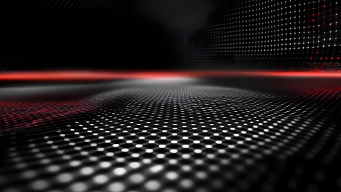 Futuristic digital landscape with glowing dots and red accents.