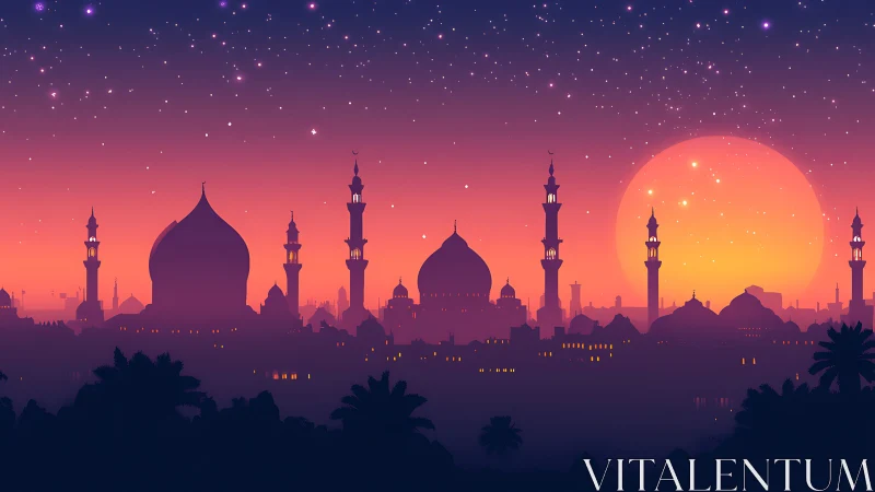 Dreamy desert skyline glowing under a starlit sunset.