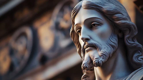 Sculpted male religious figure in close frontal perspective.