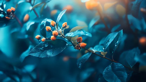 Orange flower buds on teal foliage with dewy morning light.