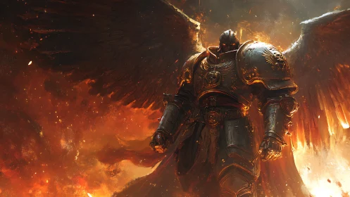 Winged armored guardian rising from a storm of golden fire.