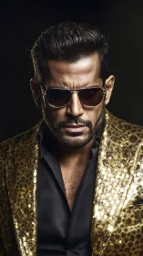 Gold jacket swagger under moody spotlight glow.