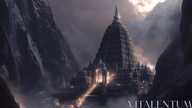 Mountain temple fortress under stormy twilight sky.