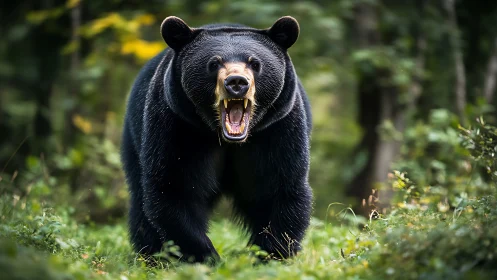 Powerful black bear strides boldly through lush forest