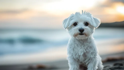 White fluffy puppy on serene pastel shoreline at dusk.