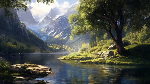 Mountain river valley with tree, rocky slopes and snowcaps.