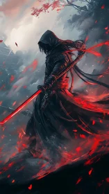 Hooded warrior grips crimson energy blade in stormed pass