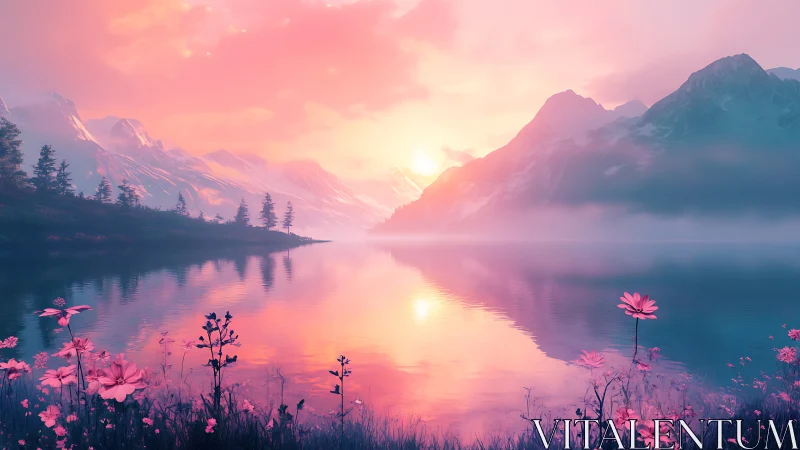 Pastel sunrise over reflective mountain lake with wildflowers