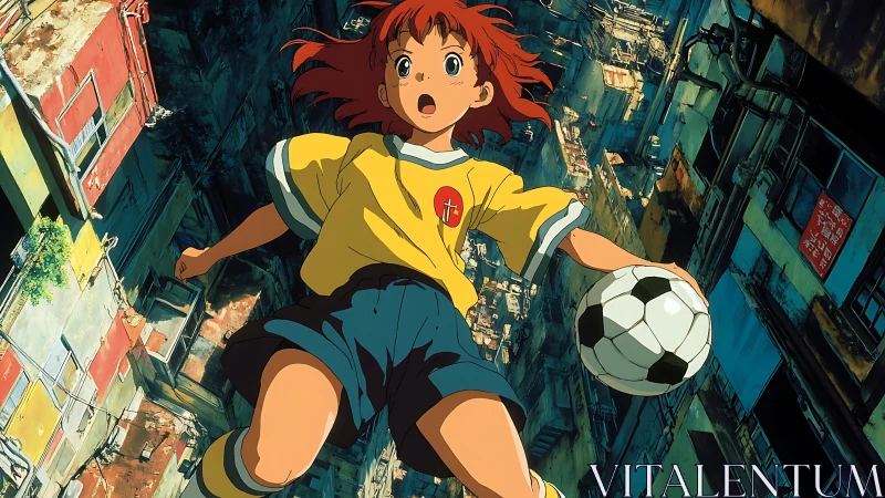 Fearless street football girl soaring between tall towers.