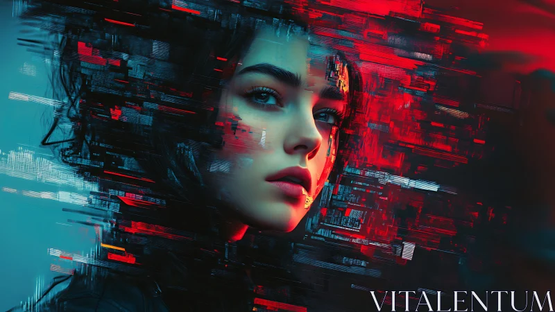 Glitch-fragmented female portrait merges skin realism and data artifacts