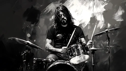 Monochrome digital painting of long haired drummer at kit.