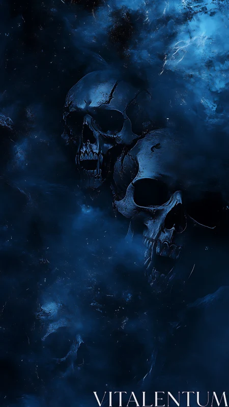 Blue spectral skulls drift through swirling cosmic mist.