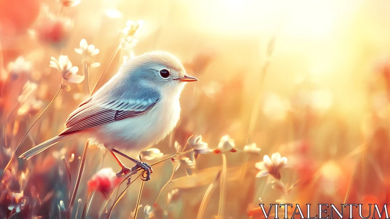 Delicate songbird on wildflowers at sunrise in dreamy soft-focus.