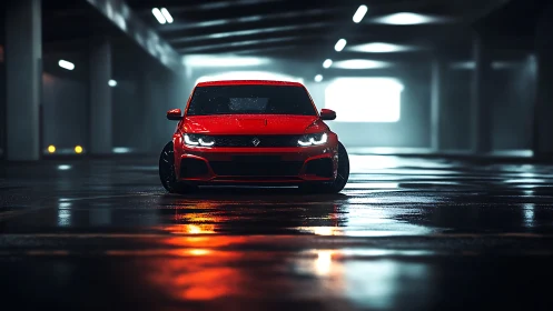 Bold red sports car glows warmly in a moody night garage