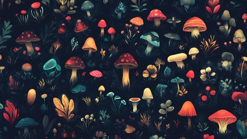 Bioluminescent forest mushrooms glow against deep night foliage.