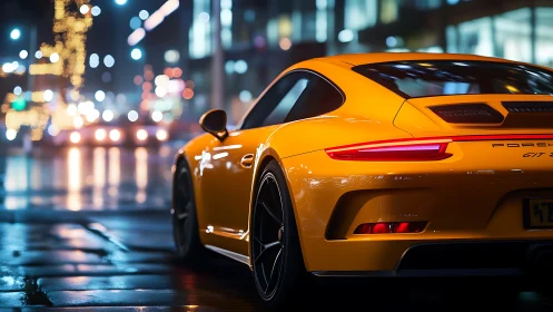 Yellow sports car parked on wet city street at night.
