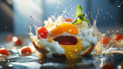 Fried egg splash with cherry tomatoes and basil garnish.