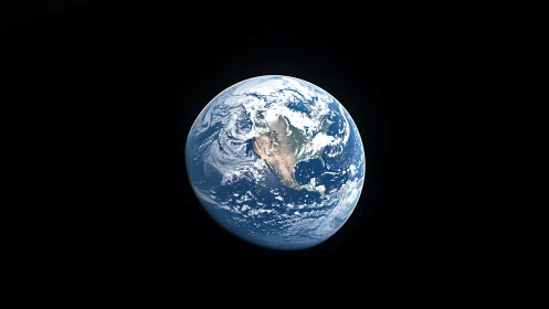 Earth from deep space with North America in sunlight.
