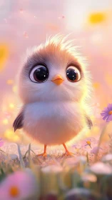 Pastel-rendered fluffy chick character with oversized eyes and warm ambient luminescence