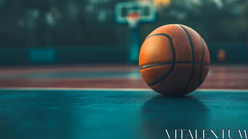 Basketball resting on outdoor court surface at dusk.