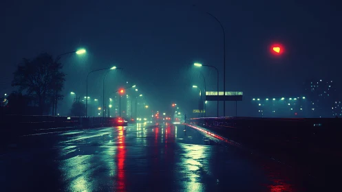 Neon rain over empty city bridge with glowing heart light.