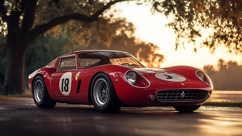 Sunlit classic red race car glowing by the lakeside.