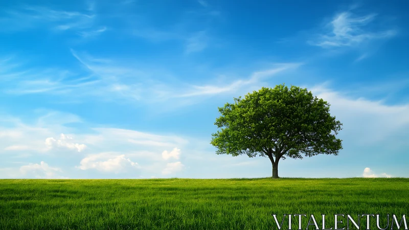 Solitary tree on green meadow under vibrant blue sky, realistic style.