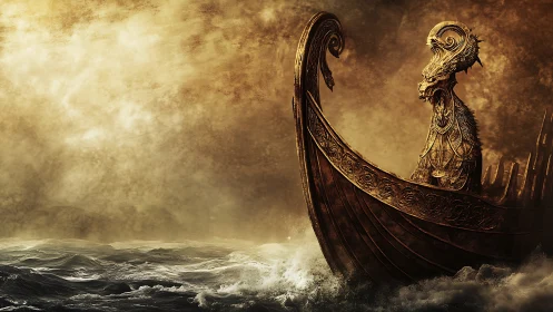 Mystic bronze sea guardian sailing through glowing storm skies.