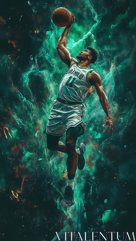 Dynamic basketball dunker explodes through teal cosmic energy