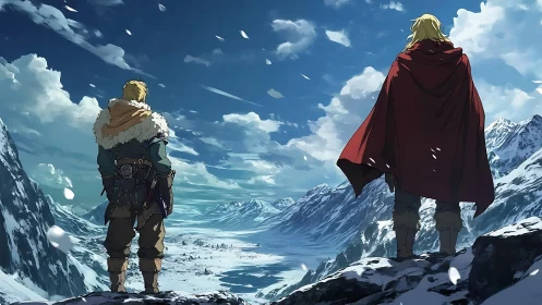 Anime widescreen Nordic cliff scene with dual protagonists.