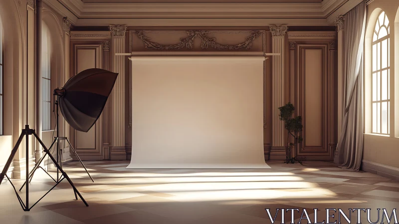 Studio backdrop staged in neoclassical hall with soft key light