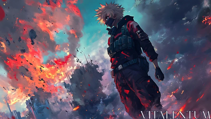 Masked combat figure in burning urban skyline at dusk.