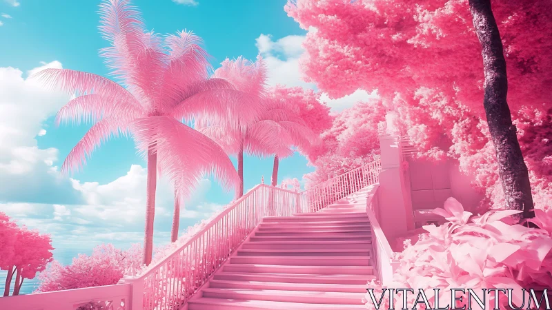 Infrared pastel staircase beneath cotton-candy palms.