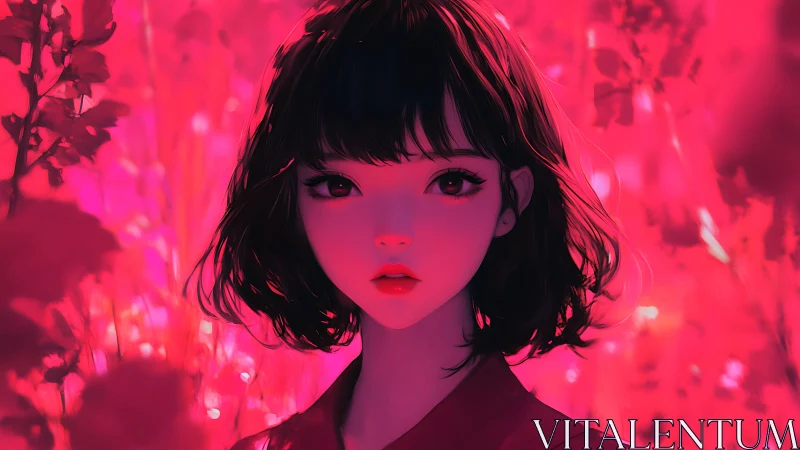 Crimson twilight girl dreaming amid neon blossom haze.