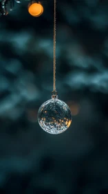 Glass ornament ball on chain against blurred blue lights.