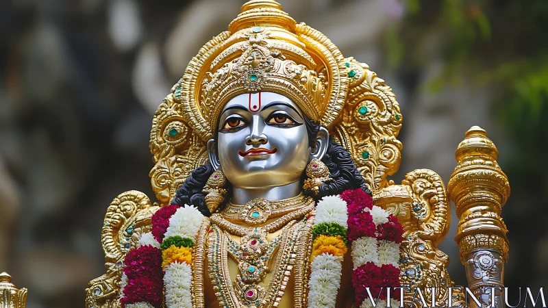 Golden Hindu deity statue adorned with vivid flower garlands.