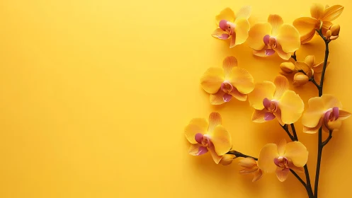 Golden orchids arranged against matching yellow background.