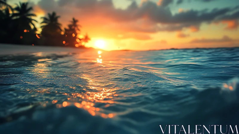 Glowing tropical sunset over rippling turquoise sea surface.