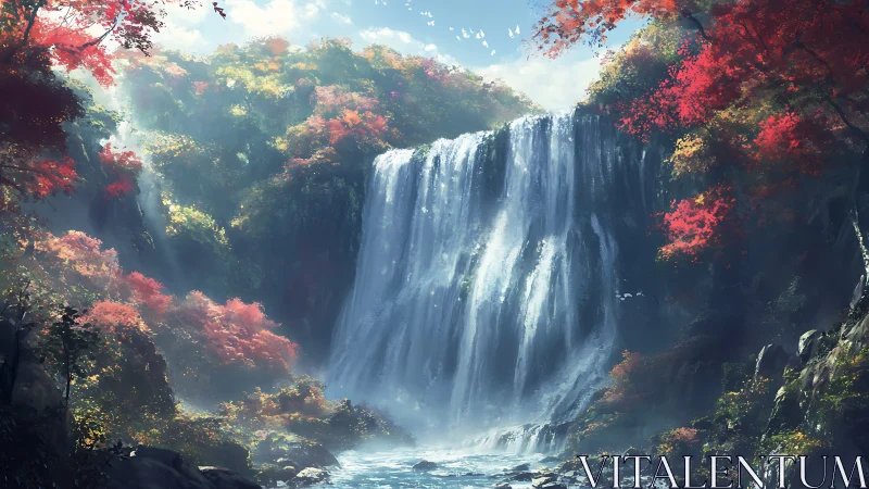 Digital waterfall scene framed by dense autumn forest.
