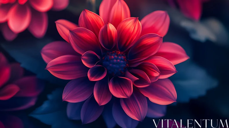 Vivid Red Dahlia With Layered Petals Glowing Against Deep Blue