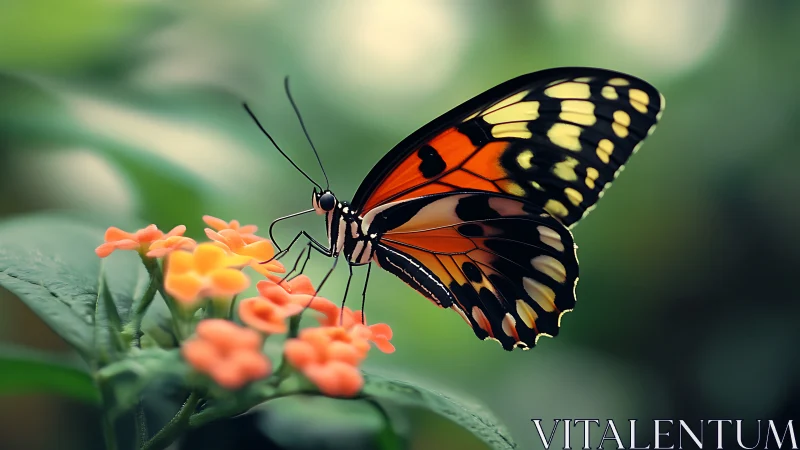 Macro telephoto capture of orange-black butterfly on flowers