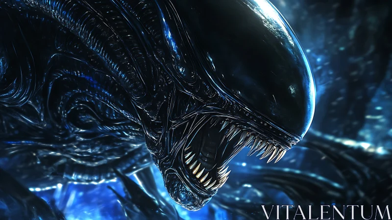 Alien biomechanical creature roars in glowing blue cavern.