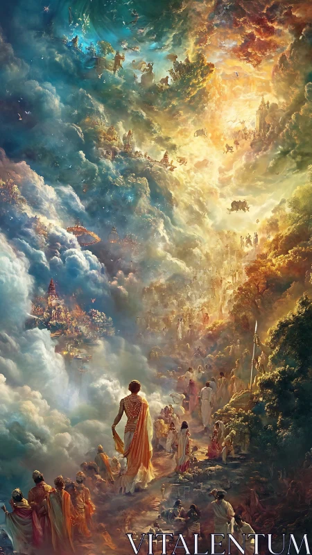 Radiant celestial procession walking toward golden heavens.