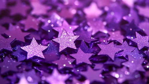 Violet glitter star confetti in shallow depth-of-field macro.