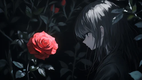 Side-lit anime girl studies saturated red rose in dark foliage